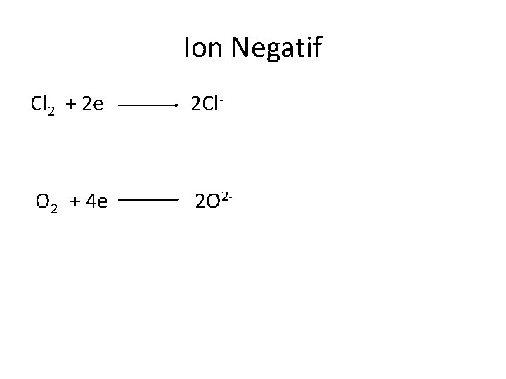 Ion Negatif Cl 2 + 2 e 2 Cl- O 2 + 4 e