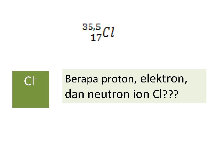 Cl Berapa proton, elektron, dan neutron ion Cl? ? ? 