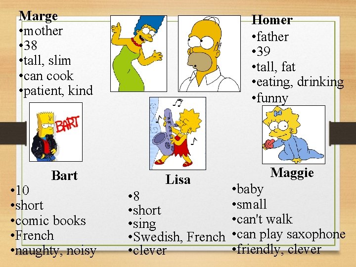 Marge • mother • 38 • tall, slim • can cook • patient, kind