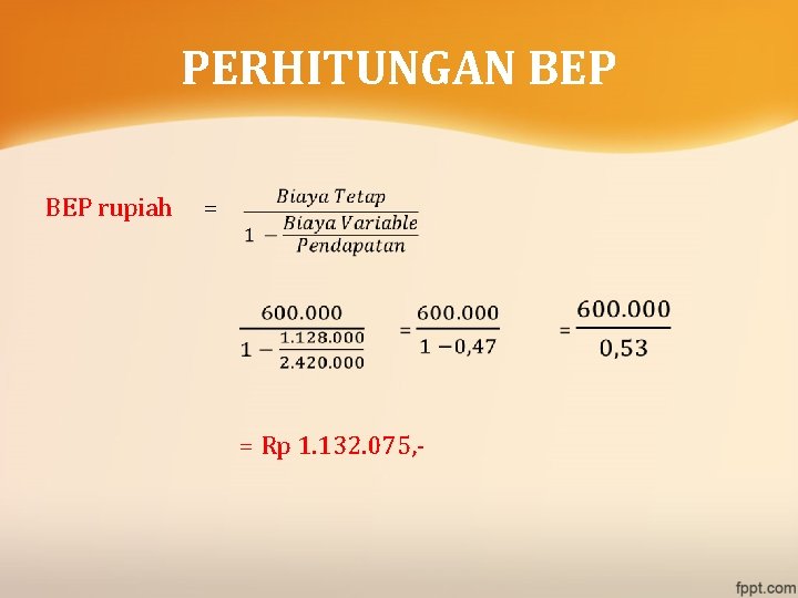 PERHITUNGAN BEP rupiah = = Rp 1. 132. 075, - 