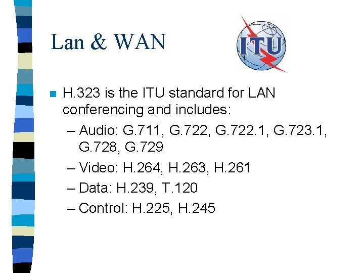 Lan & WAN n H. 323 is the ITU standard for LAN conferencing and