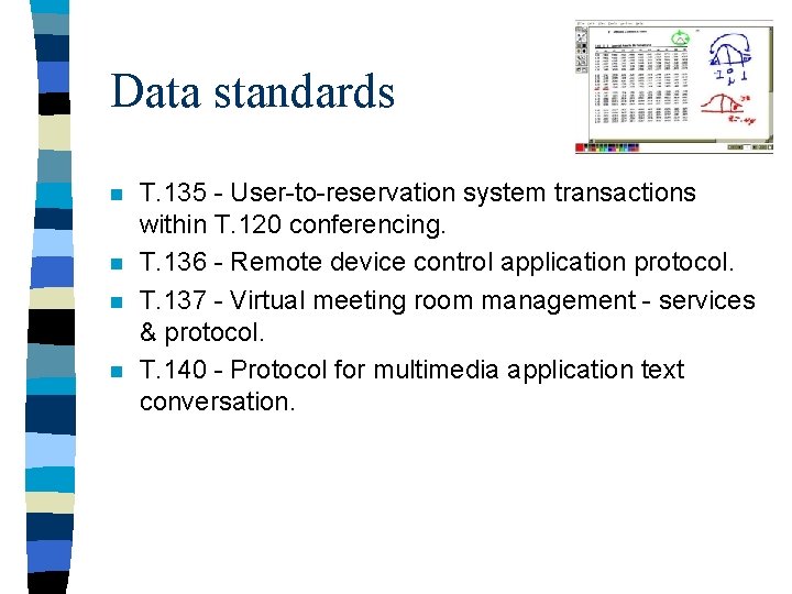Data standards n n T. 135 - User-to-reservation system transactions within T. 120 conferencing.