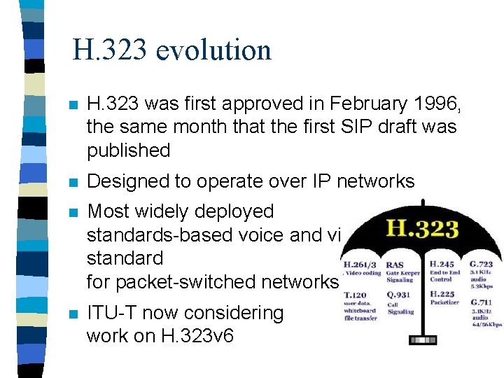 H. 323 evolution n H. 323 was first approved in February 1996, the same