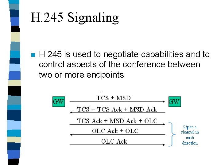 H. 245 Signaling n H. 245 is used to negotiate capabilities and to control