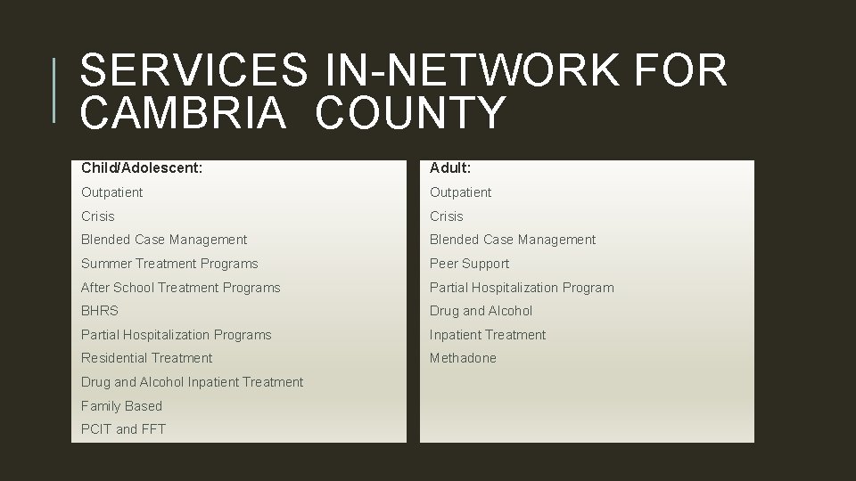 SERVICES IN-NETWORK FOR CAMBRIA COUNTY Child/Adolescent: Adult: Outpatient Crisis Blended Case Management Summer Treatment