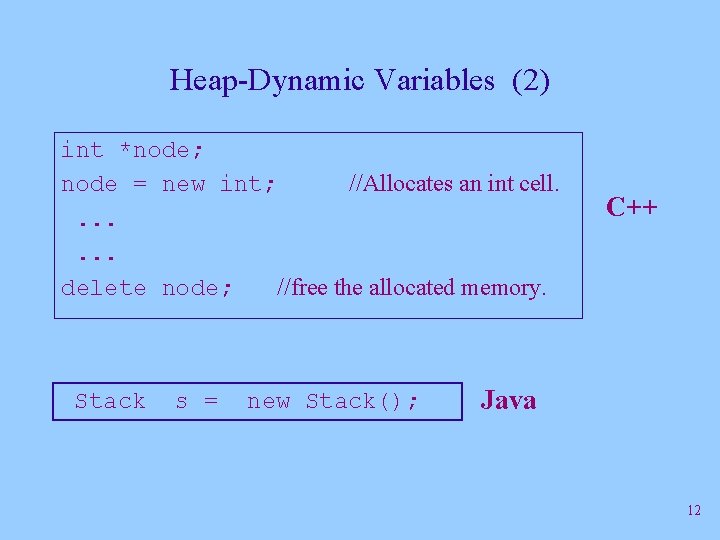 Heap-Dynamic Variables (2) int *node; node = new int; //Allocates an int cell. .