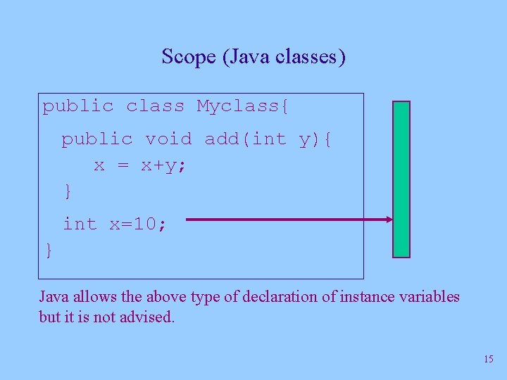 Scope (Java classes) public class Myclass{ public void add(int y){ x = x+y; }