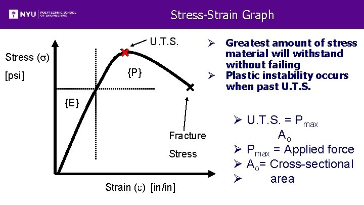 Stress-Strain Graph U. T. S. Stress (s) {P} [psi] Ø Greatest amount of stress