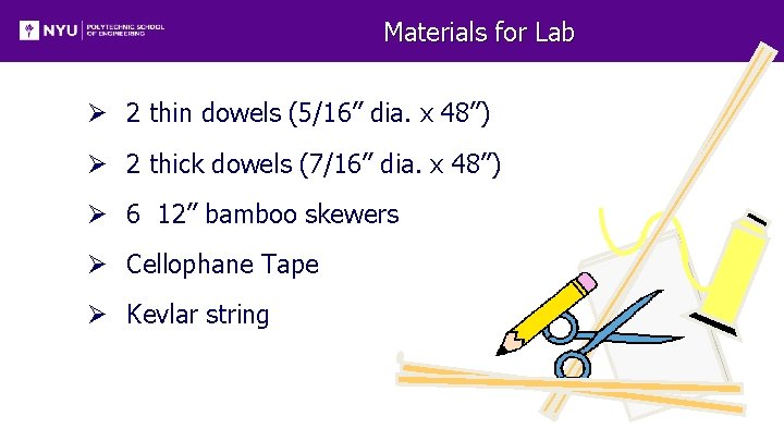 Materials for Lab Ø 2 thin dowels (5/16” dia. x 48”) Ø 2 thick