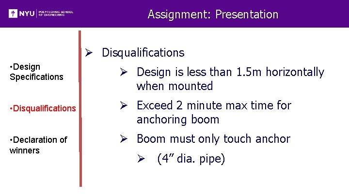 Assignment: Presentation Ø Disqualifications • Design Specifications • Disqualifications • Declaration of winners Ø