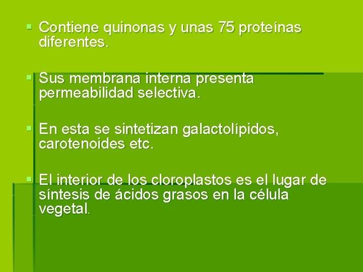 § Contiene quinonas y unas 75 proteínas diferentes. § Sus membrana interna presenta permeabilidad