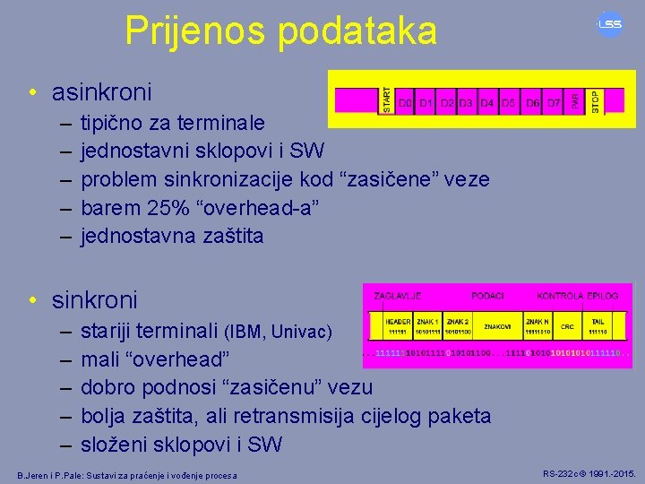 Prijenos podataka • asinkroni – – – tipično za terminale jednostavni sklopovi i SW