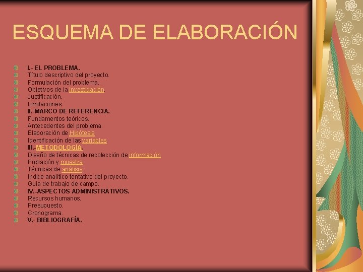 ESQUEMA DE ELABORACIÓN I. - EL PROBLEMA. Título descriptivo del proyecto. Formulación del problema.