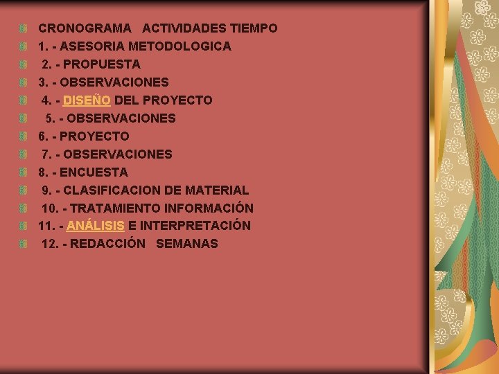 CRONOGRAMA ACTIVIDADES TIEMPO 1. - ASESORIA METODOLOGICA 2. - PROPUESTA 3. - OBSERVACIONES 4.