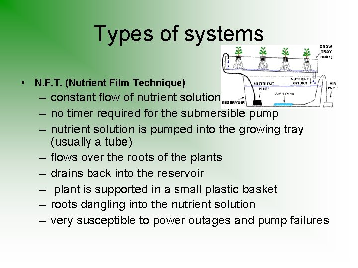 Types of systems • N. F. T. (Nutrient Film Technique) – constant flow of