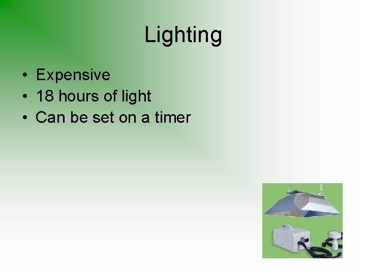 Lighting • Expensive • 18 hours of light • Can be set on a