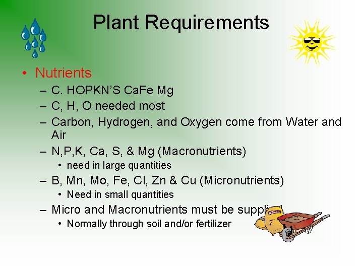 Plant Requirements • Nutrients – C. HOPKN’S Ca. Fe Mg – C, H, O