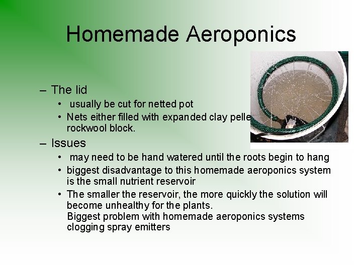 Homemade Aeroponics – The lid • usually be cut for netted pot • Nets