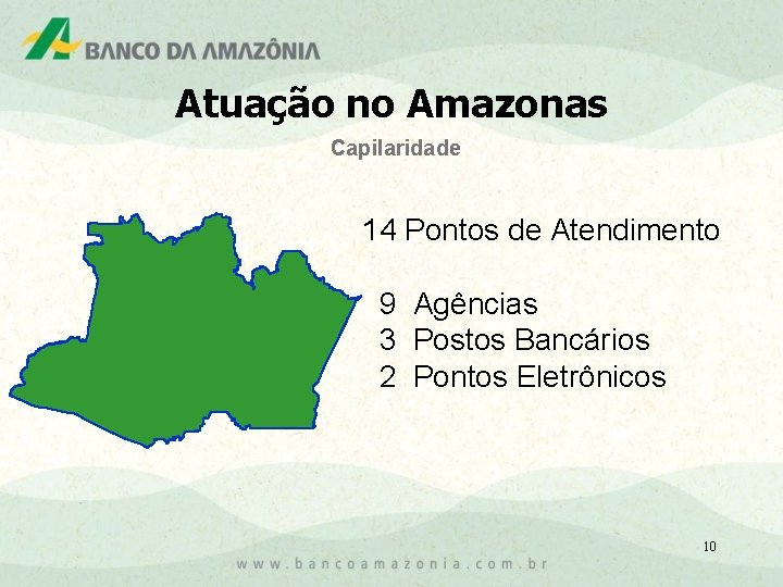 Atuação no Amazonas Capilaridade 14 Pontos de Atendimento 9 Agências 3 Postos Bancários 2