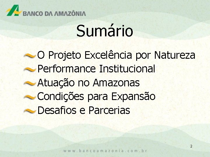 Sumário O Projeto Excelência por Natureza Performance Institucional Atuação no Amazonas Condições para Expansão