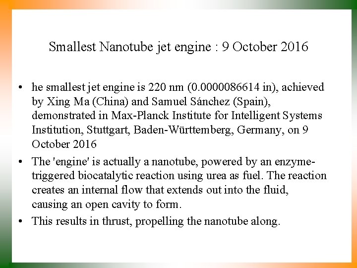 Smallest Nanotube jet engine : 9 October 2016 • he smallest jet engine is
