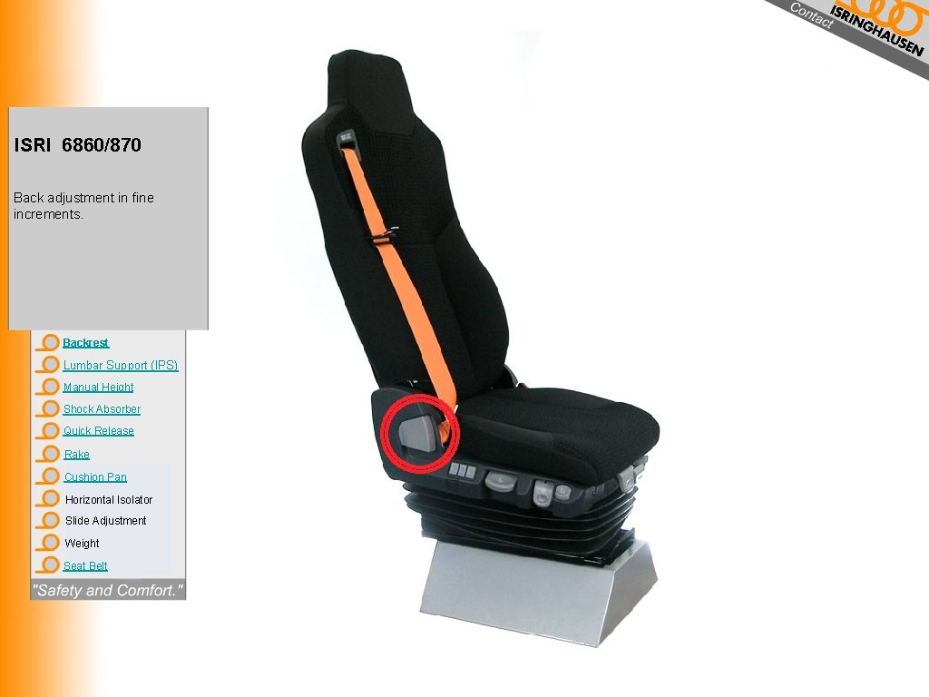 ISRI 6860/870 Back adjustment in fine increments. Backrest Lumbar Support (IPS) Manual Height Shock