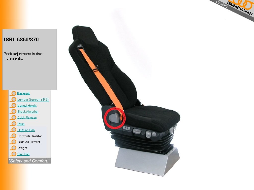 ISRI 6860/870 Back adjustment in fine increments. Backrest Lumbar Support (IPS) Manual Height Shock