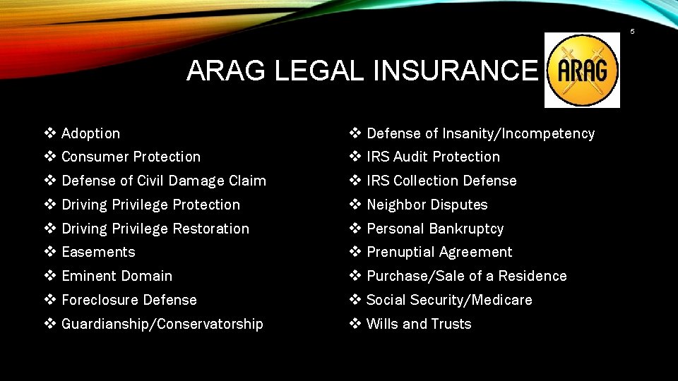 5 ARAG LEGAL INSURANCE v Adoption v Defense of Insanity/Incompetency v Consumer Protection v