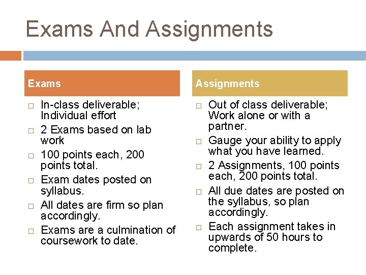 Exams And Assignments Exams In-class deliverable; Individual effort 2 Exams based on lab work