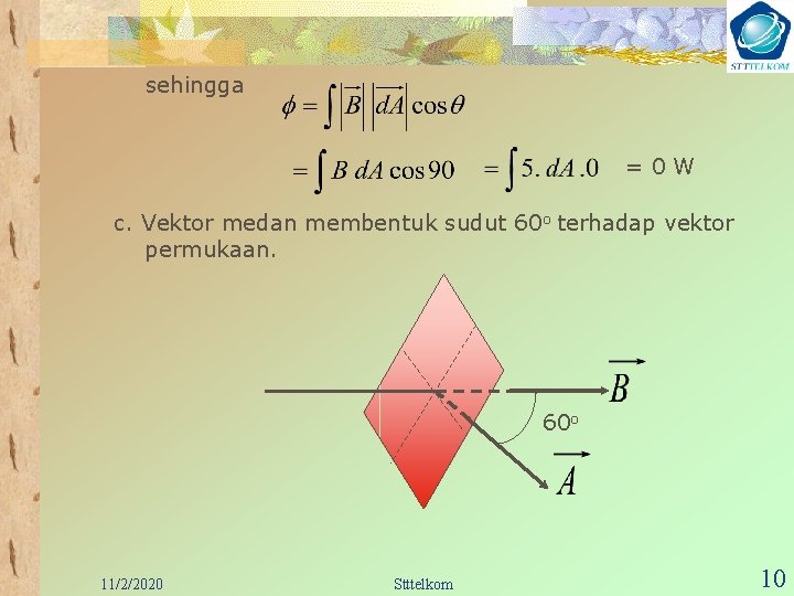 sehingga =0 W c. Vektor medan membentuk sudut 60 o terhadap vektor permukaan. 60