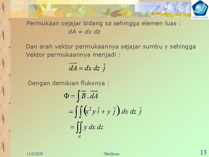 Permukaan sejajar bidang xz sehingga elemen luas : d. A = dx dz Dan