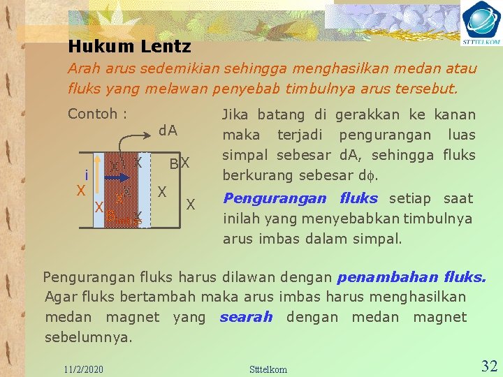 Hukum Lentz Arah arus sedemikian sehingga menghasilkan medan atau fluks yang melawan penyebab timbulnya