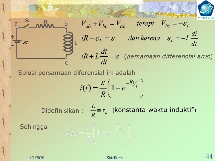 a S R b L (persamaan differensial arus) c Solusi persamaan diferensial ini adalah