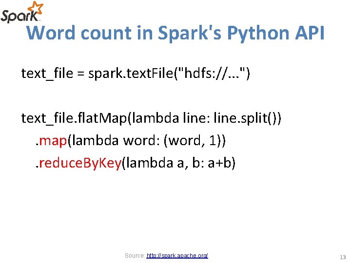 Word count in Spark's Python API text_file = spark. text. File("hdfs: //. . .