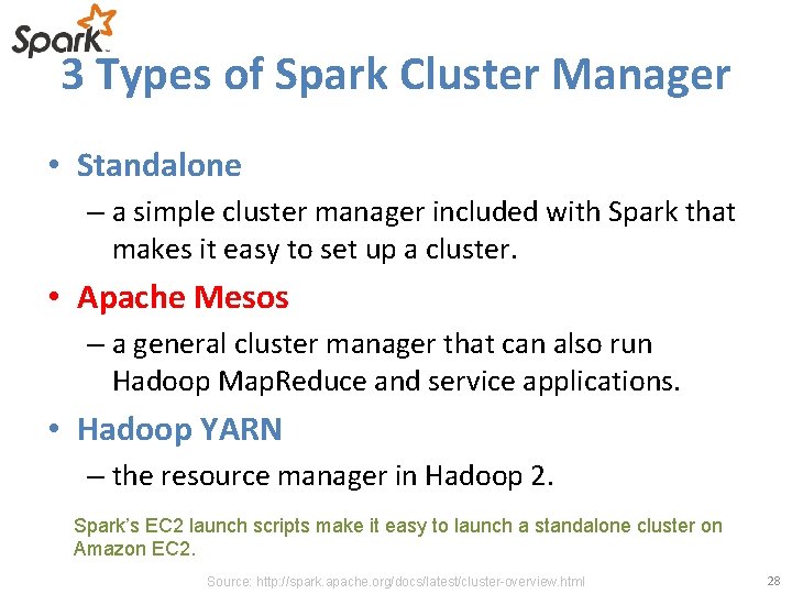 3 Types of Spark Cluster Manager • Standalone – a simple cluster manager included