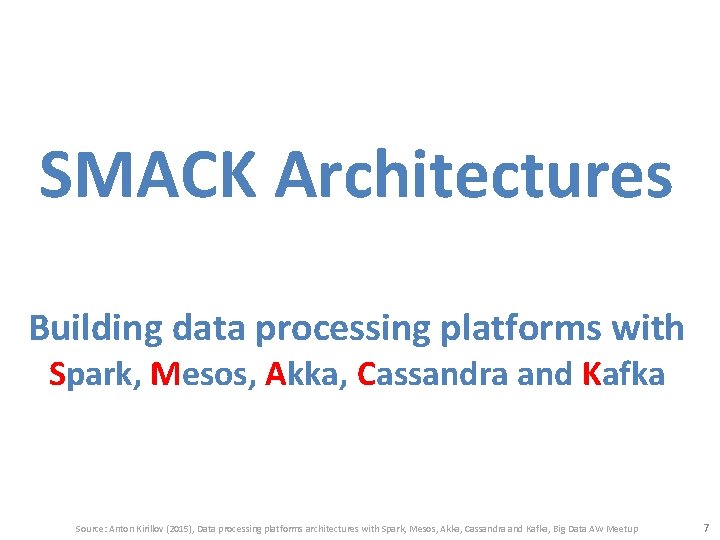 SMACK Architectures Building data processing platforms with Spark, Mesos, Akka, Cassandra and Kafka Source: