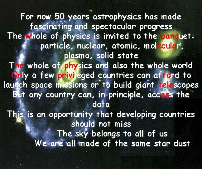 For now 50 years astrophysics has made fascinating and spectacular progress The whole of
