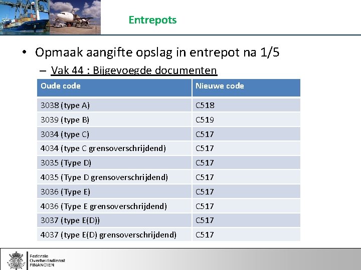 Entrepots • Opmaak aangifte opslag in entrepot na 1/5 – Vak 44 : Bijgevoegde