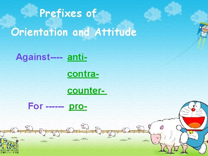 Prefixes of Orientation and Attitude Against---- anticontracounter. For ------ pro- 
