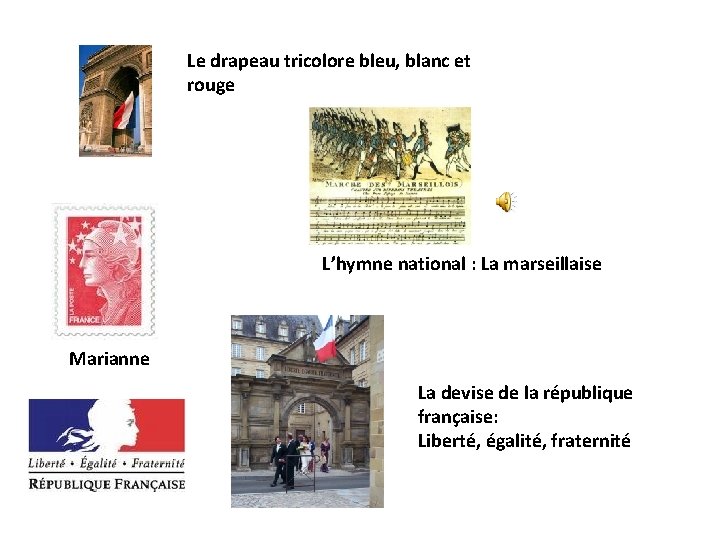 Le drapeau tricolore bleu, blanc et rouge L’hymne national : La marseillaise Marianne La