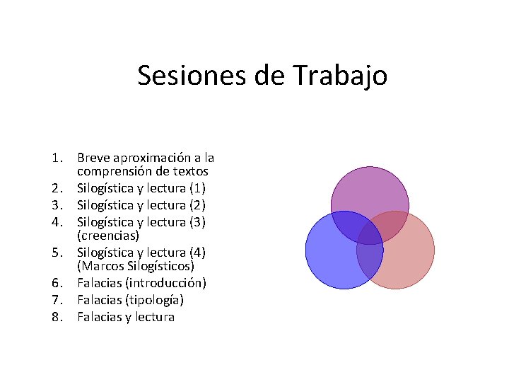 Sesiones de Trabajo 1. Breve aproximación a la comprensión de textos 2. Silogística y