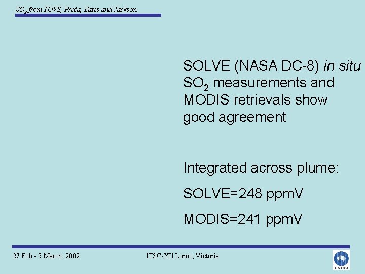 SO 2 from TOVS, Prata, Bates and Jackson SOLVE (NASA DC-8) in situ SO