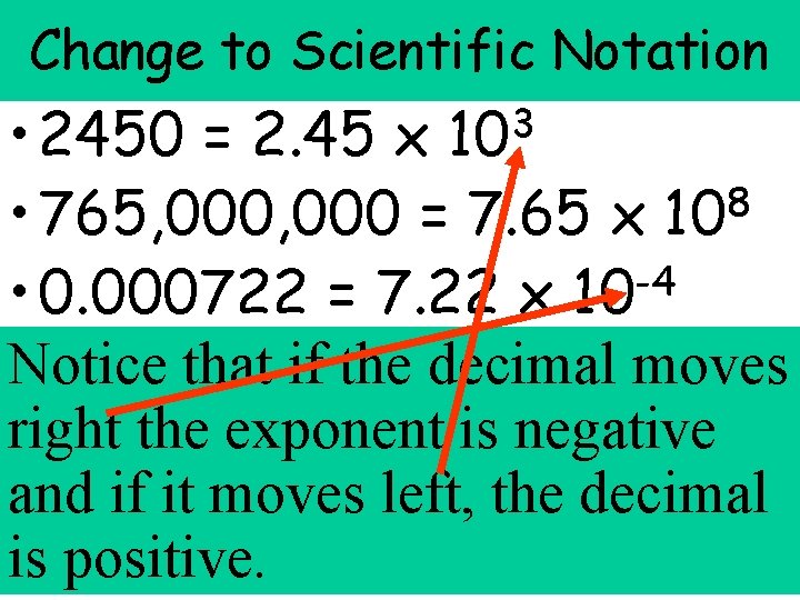 Change to Scientific Notation • 2450 = 2. 45 x 8 • 765, 000