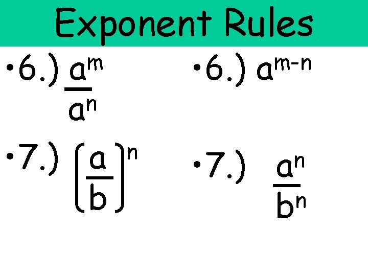 Exponent Rules • 6. ) m a n a • 7. ) a b