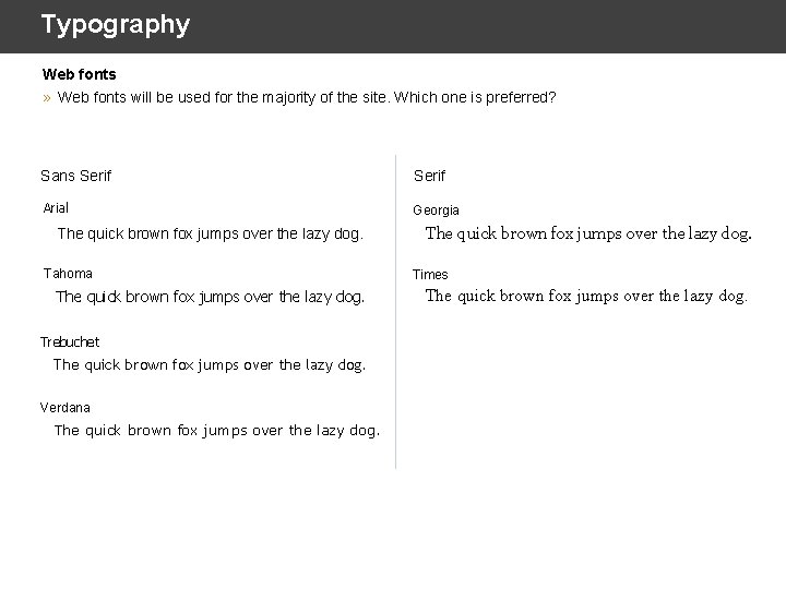 Typography Web fonts » Web fonts will be used for the majority of the