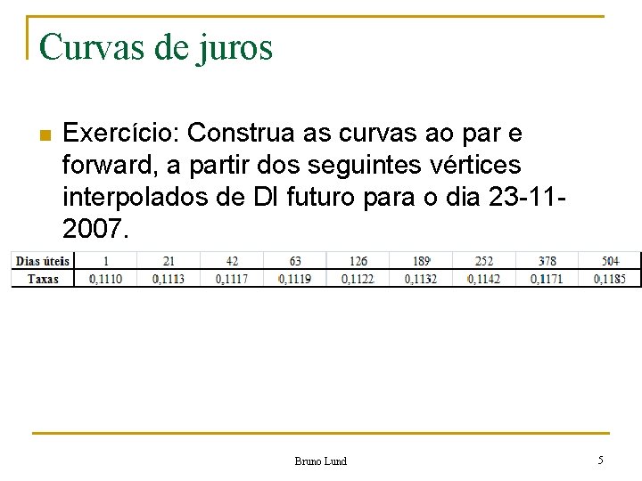 Curvas de juros n Exercício: Construa as curvas ao par e forward, a partir