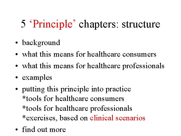 5 ‘Principle’ chapters: structure • • • background what this means for healthcare consumers