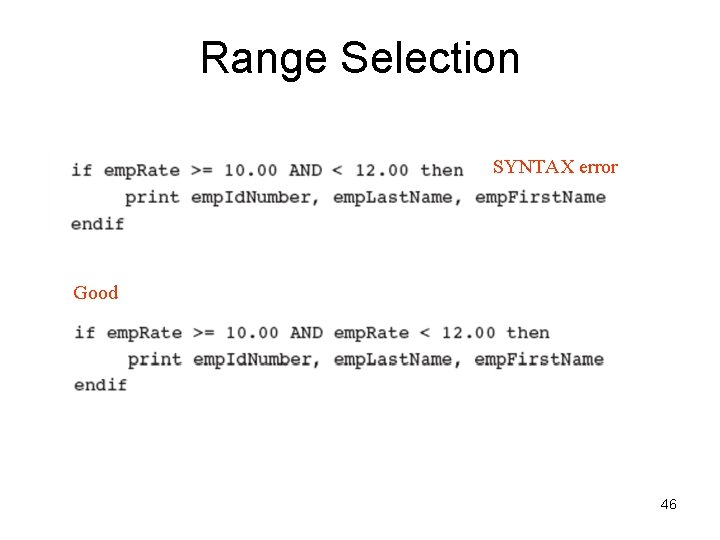 Range Selection SYNTAX error Good 46 