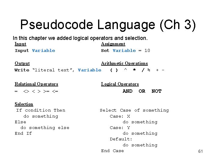 Pseudocode Language (Ch 3) In this chapter we added logical operators and selection. Input
