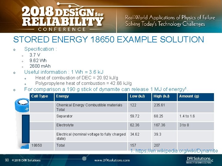 STORED ENERGY 18650 EXAMPLE SOLUTION Specification : o 3. 7 V 9. 62 Wh